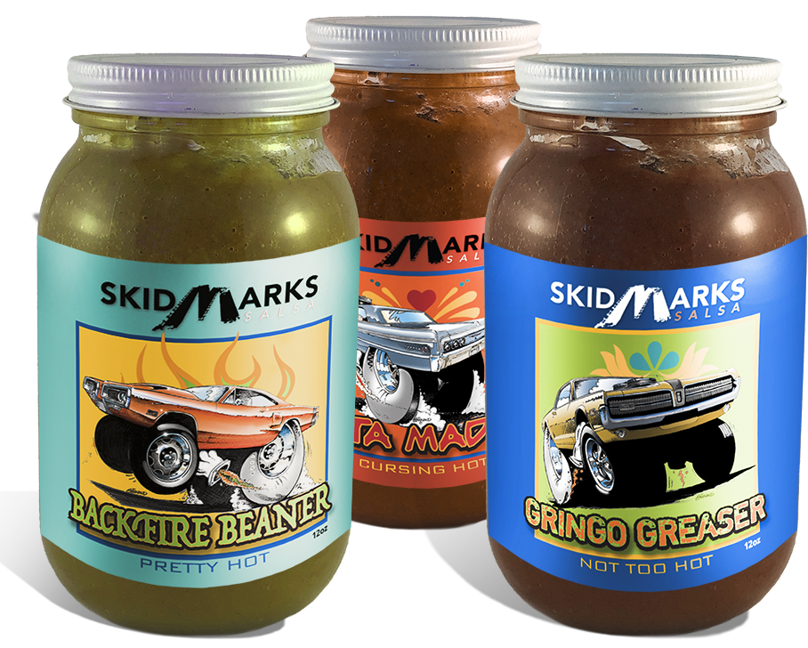 Heritage Autopro's Skidmarks Salsa comes in 3 levels of spicy heat: Gringo Greaser, Backfire Beaner, and Puta Madre.