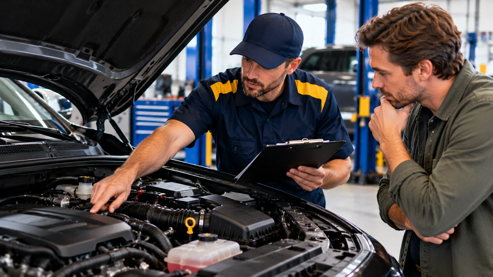 Vehicle being inspected by an automotive technician
