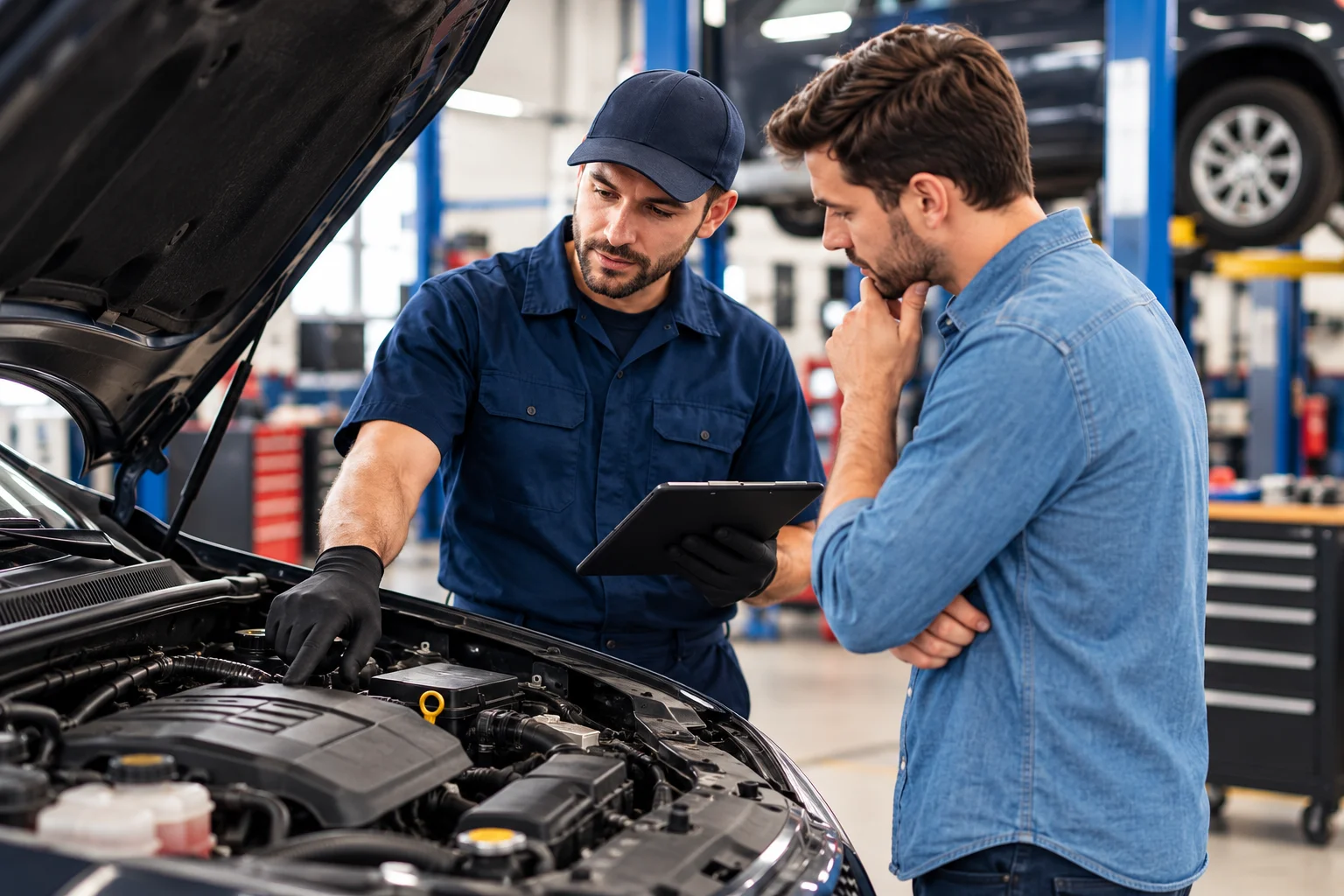 Technician inspecting a vehicle with a customer
